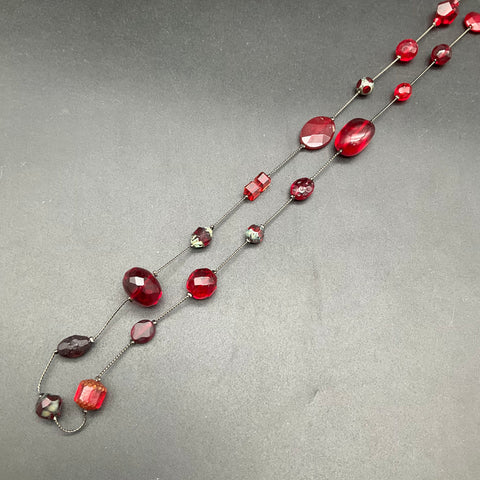 Vintage Debby Reid Silver Tone Red Faceted Glass Bead Station Necklace 25"