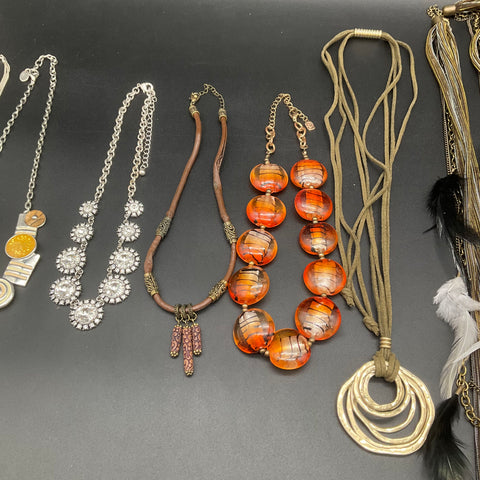 Fashion Costume Jewelry Lot of 9 Necklaces Mesh Feathers Boho Rhinestone Bib