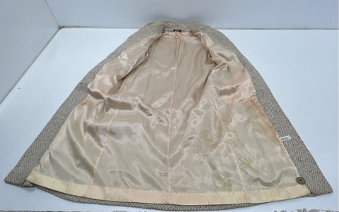 Vintage 70s Herringbone Long Coat V-Neck Ribbed Cuffs Made in USA Sz L