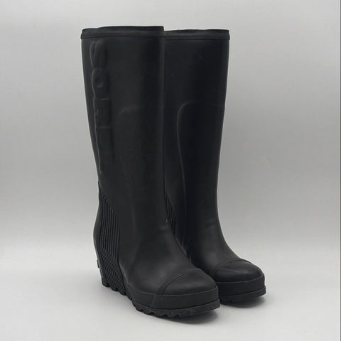Sorel Joan of Arctic Wedge Black Rubber Rain Boots Women's Size 8.5
