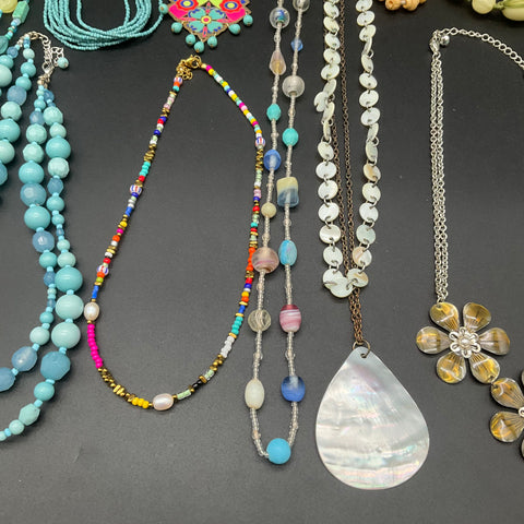 Beaded Costume Jewelry Lot of 14 Necklaces Statement Boho Shell Multi-strand