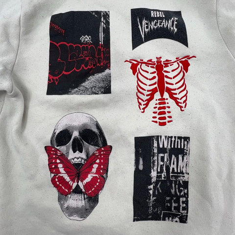 Rebel Vengeance Men's Crewneck Sweatshirt Off White Graphic Skull Rib Cage Sze L