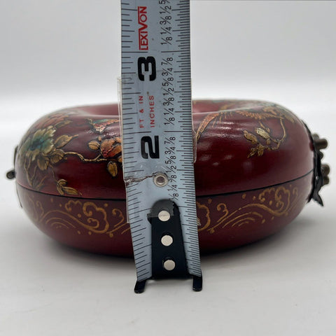 Vintage Chinoiserie Red Lacquer Toroidal Donut Jewelry Box Bird Flower 5"