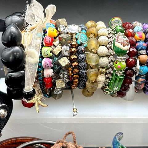 Vintage to Modern Costume Jewelry Lot 30+ Pcs Beaded Stretch Cuffs Bangles