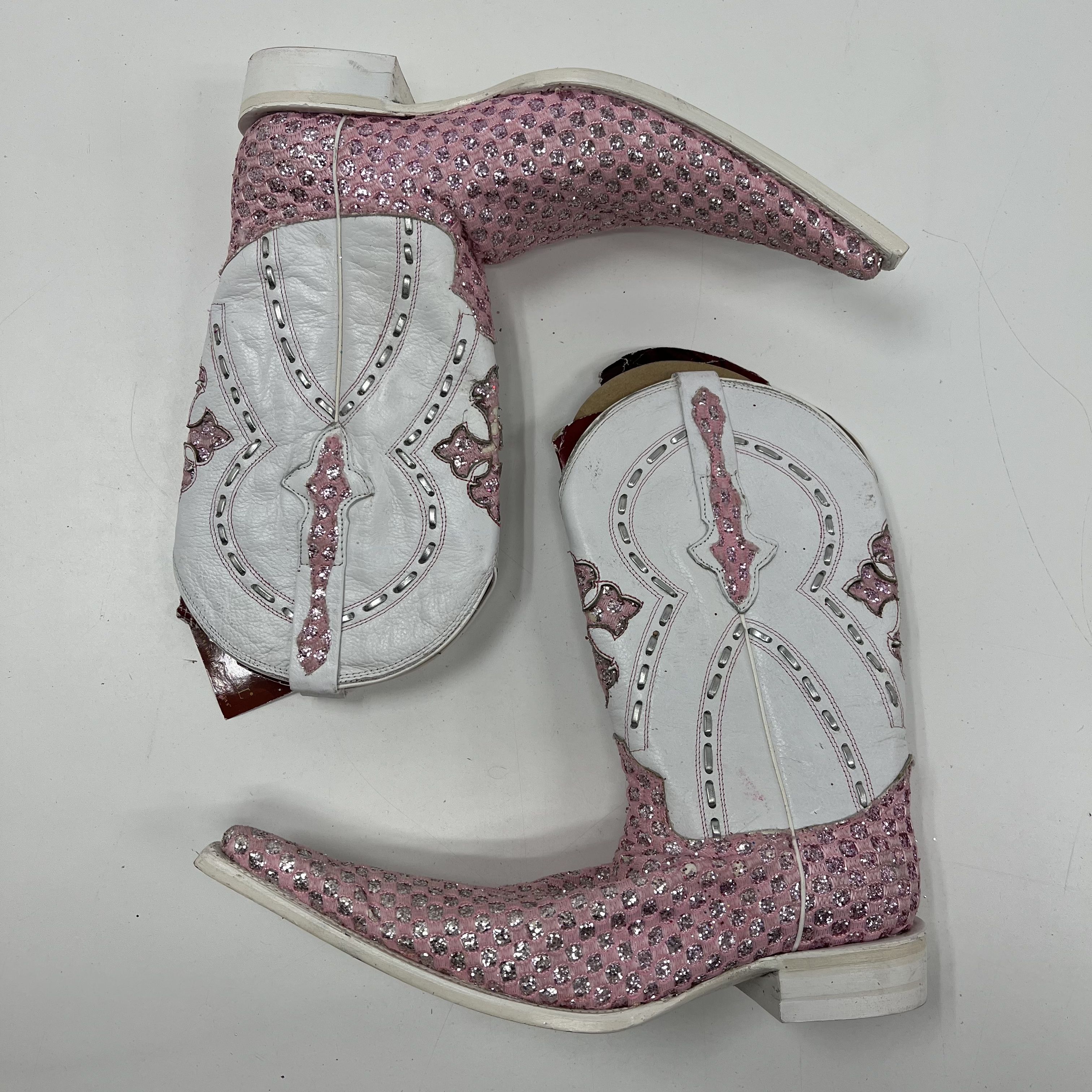 El General Pink White Glitter Cross Western Cowboy Boots Pointed Toe Size 6
