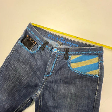 Vintage Y2K Black Carpet Blue Embroidered Crest Straight Leg Jeans Men's 36x32