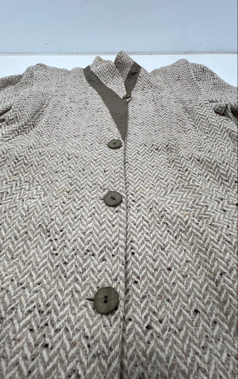 Vintage 70s Herringbone Long Coat V-Neck Ribbed Cuffs Made in USA Sz L