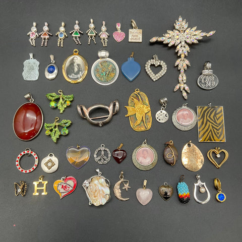 Vintage Costume Jewelry Lot 40+ Pendants Charms Rhinestone Heart KC Chiefs