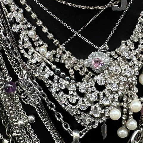 Vintage & Modern Silver Tone Necklace Lot Owl Initial Rhinestone Bib 20 Pieces