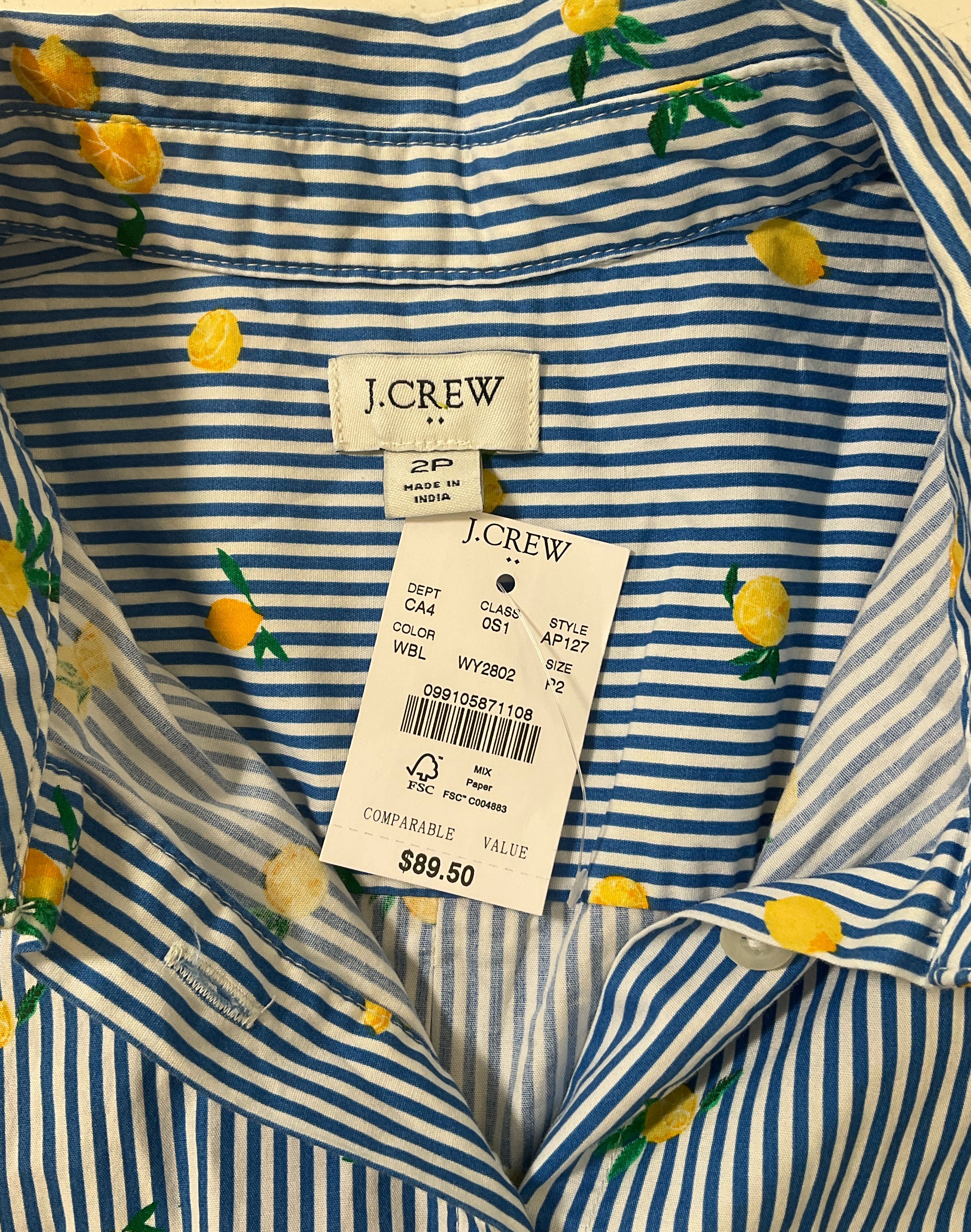 J. Crew Women's Blue & White Striped Lemon Shirt Dress Sleeveless Sz 2P NWT $89