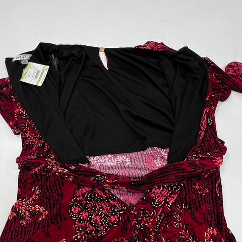 Kasper Women's Dress Red Black Multi Floral Pleated Neck Self-Tie Belt Sz 18W