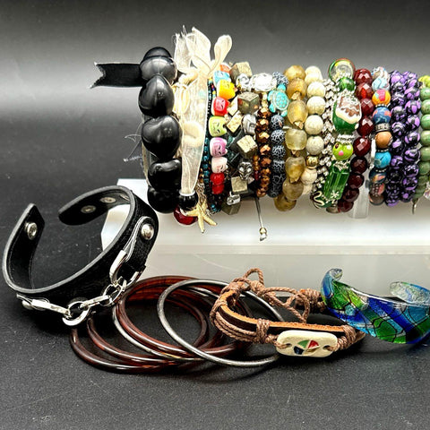 Vintage to Modern Costume Jewelry Lot 30+ Pcs Beaded Stretch Cuffs Bangles