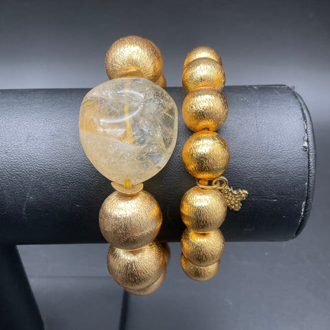 Hazen & Co Lot of 2 Gold Tone Beaded Stretch Bracelets Citrine Quartz Nugget