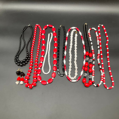 Vintage Red White Black Beaded Costume Jewelry Lot of 11 Necklaces Earrings