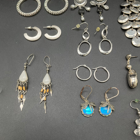 Fashion Earring Lot 20 Pairs Silver Tone Hoops Dangles Chandeliers Drops