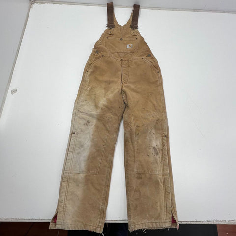 Carhartt Brown Quilt Lined Double Front Distressed Bib Overalls Kids Youth 26W