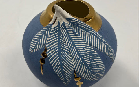 Vintage Blue Ceramic Art Pottery Vase Gold Gilded Rim Leaf Motif 8 Inch