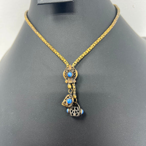 Vintage Art Nouveau Style Brass Tone Blue Stone Filigree Lariat Necklace