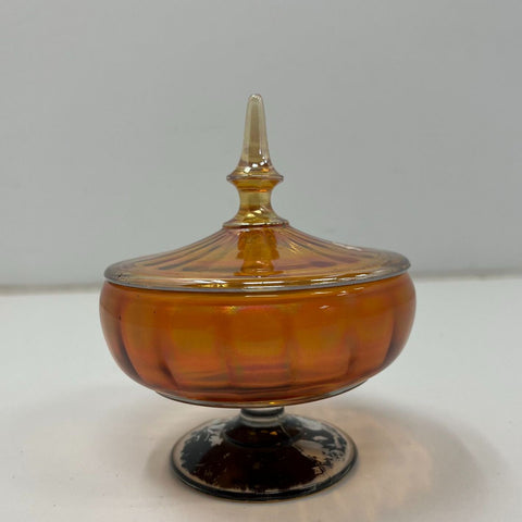 Vintage Marigold Carnival Glass Ribbed Lidded Candy Dish Compote