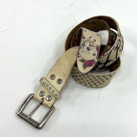 Vintage Y2K Ed Hardy Cream Skull Rose Tattoo Rhinestone Studded Leather Belt 45