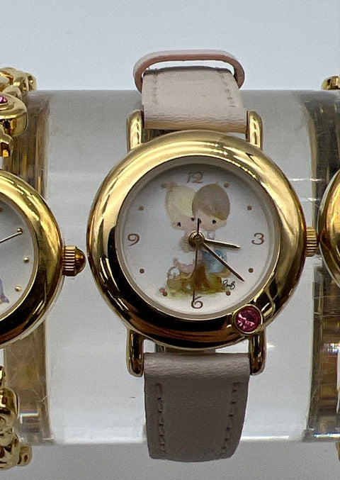 Vintage Precious Moments Gold Tone Watch Lot of 3 Pink Rhinestone Heart Leather