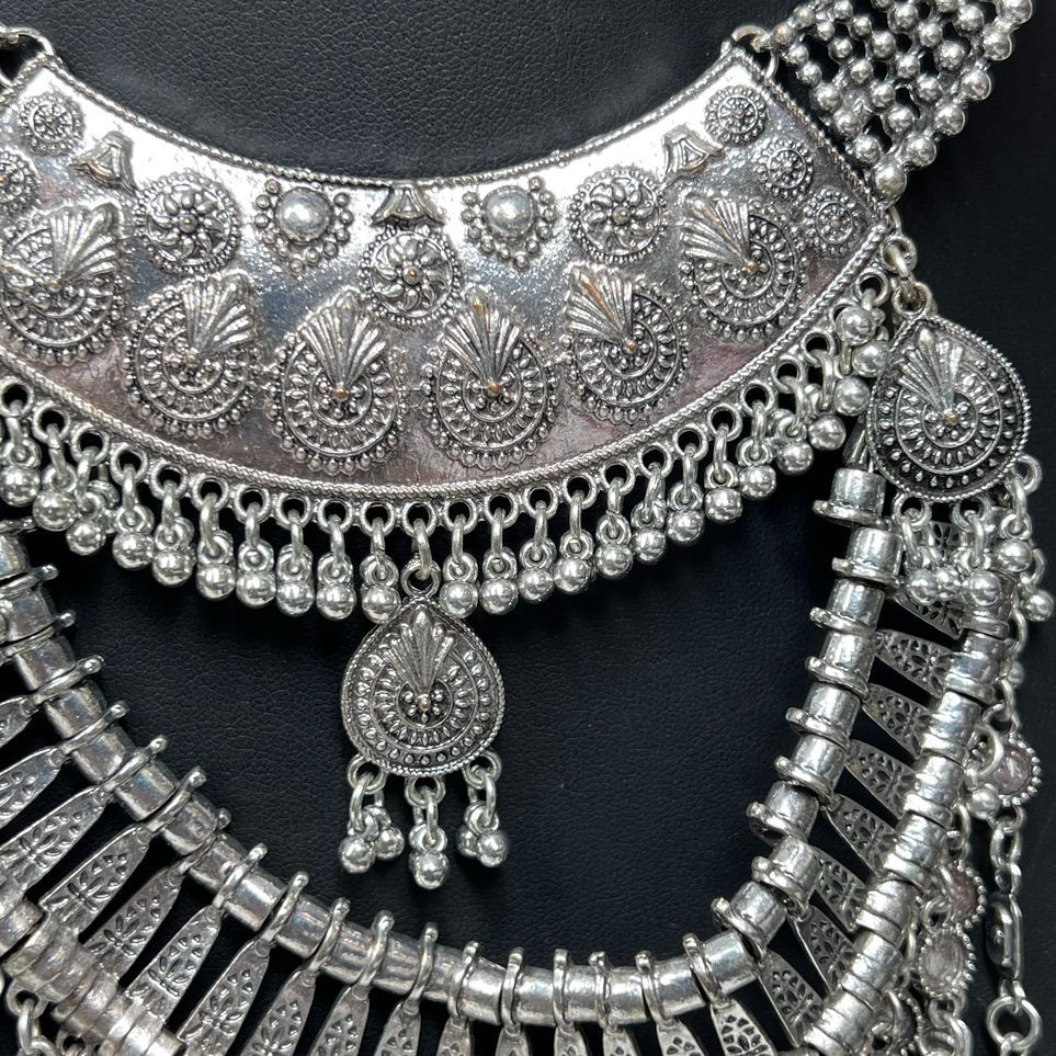 2 Silver tone Chain Faux Coin Bib Necklaces