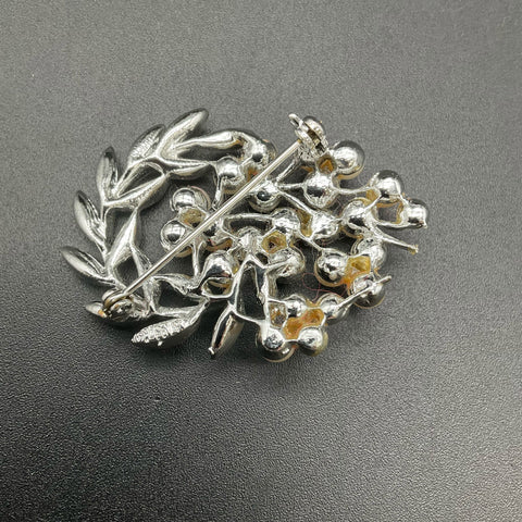 Vintage Lisner Silver Tone Faux Pearl & Rhinestone Floral Wreath Brooch Pin