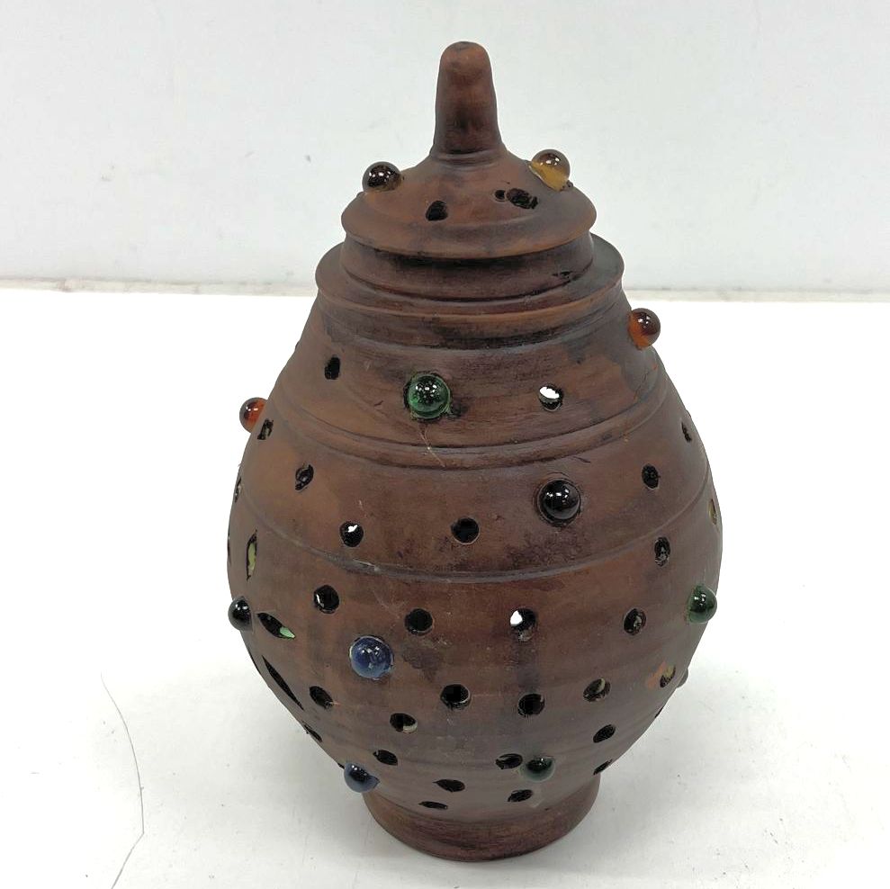 Vintage Moroccan Style Terracotta Candle Holder Luminary with Glass Marbles