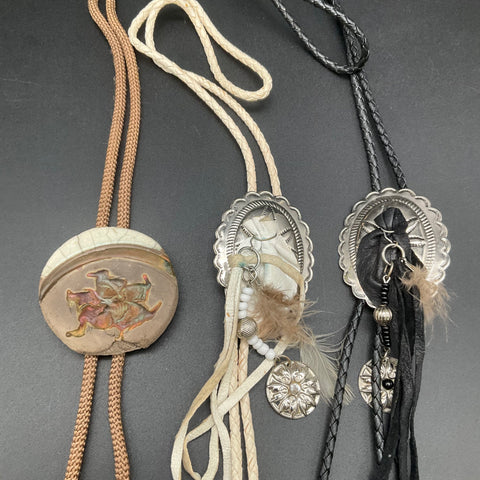 Vintage Southwestern Bolo Tie Lot of 3 Ceramic Concho Fringe Feathers