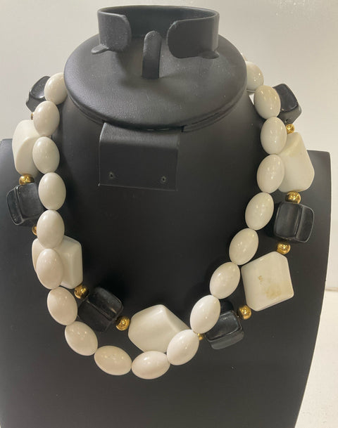 Lot of Black Yellow and White Plastic Beaded Necklaces Vintage 9 Pieces