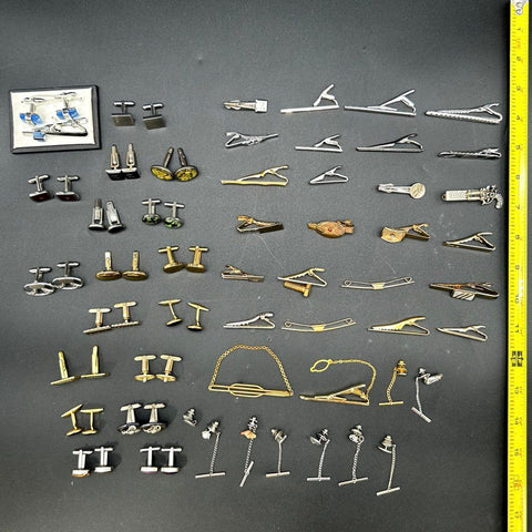 Vintage Men's Jewelry Lot Cufflinks Tie Clips Tacks Pins Gold Silver 50pc
