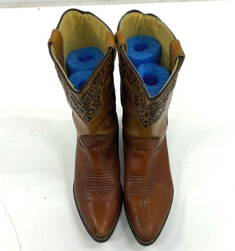 Vintage 80s Two Tone Brown Tooled Leather Western Cowboy Boots Size 3.5D