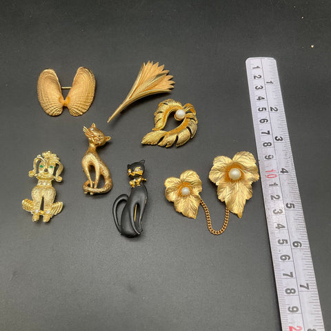 Vintage Napier Gold Tone Brooch Jewelry Lot of 7 Cat Poodle Shell Floral
