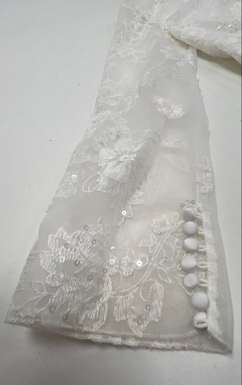 Untamed Petals Women's White Lace Sequin Tulle Mini Dress Mock Neck Bridal Sz M