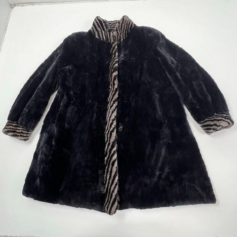 Vintage 80s Faux Fur Swing Coat Zebra Animal Print Trim Made in Canada SJW