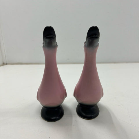 Vintage MCM Pink & Black Airbrush Ceramic Duck Goose Figurine Pair