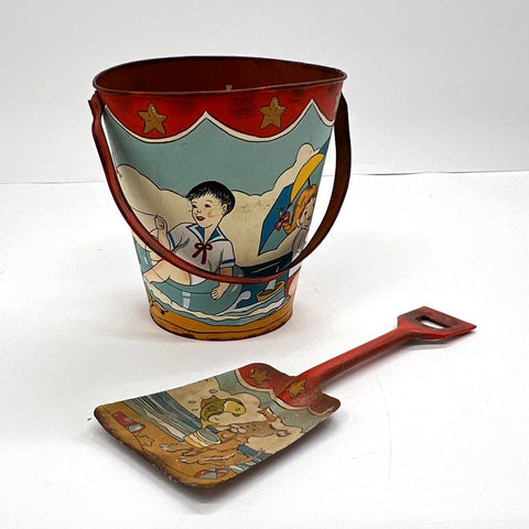 Vintage Litho Tin Sand Pail and Shovel Set Children Beach Scene Toy 1950s