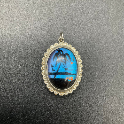 Vintage Morpho Butterfly Wing Pendant Reversible Flamingo Palm Tree Silver Tone