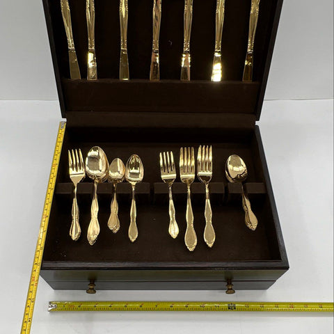 Custom Craft Gold Tone Stainless Flatware 34pc Lot Japan Floral Pattern Vintage