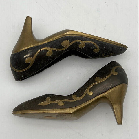 Vintage Brass Miniature High Heel Shoe Figurines Pair Ornate Floral Scroll