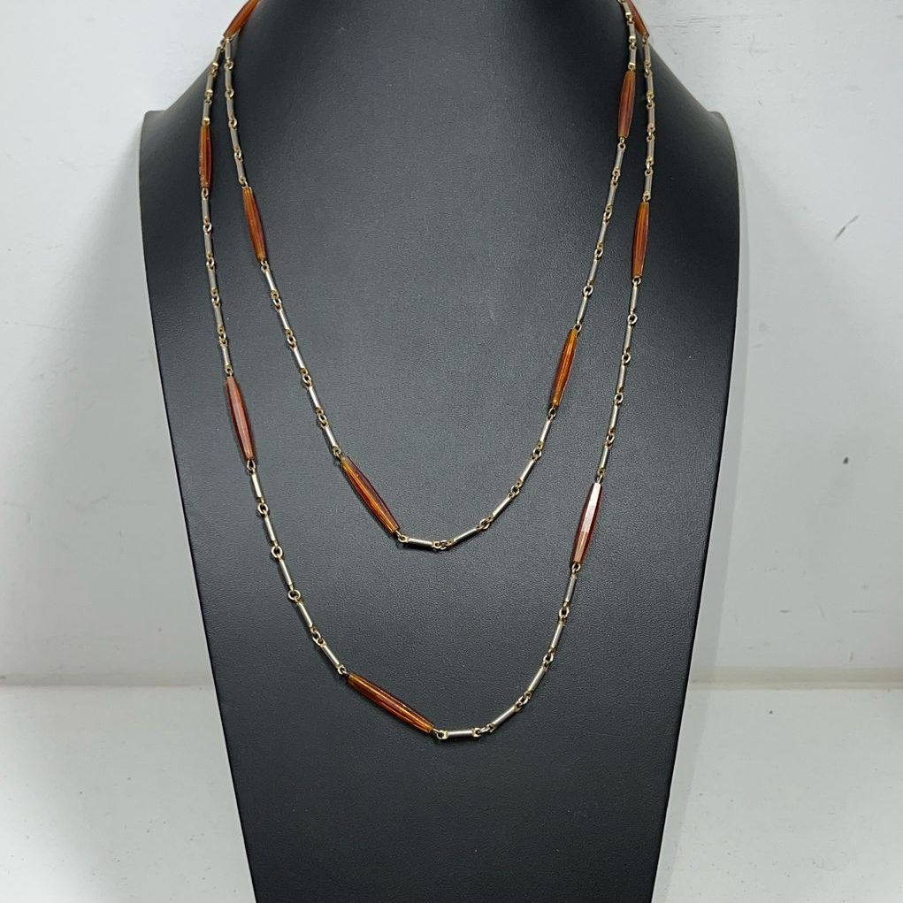 Vintage M.R. WE Orange Beaded Gold Tone Necklace