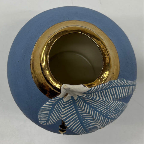 Vintage Blue Ceramic Art Pottery Vase Gold Gilded Rim Leaf Motif 8 Inch