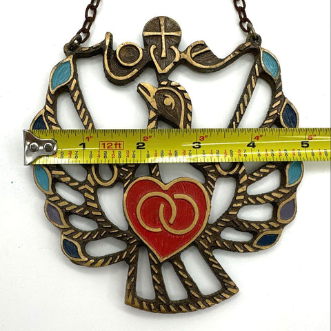 Terra Sancta Guild Vintage Bronze Enamel Dove Love Heart Hanging Art 4.5"