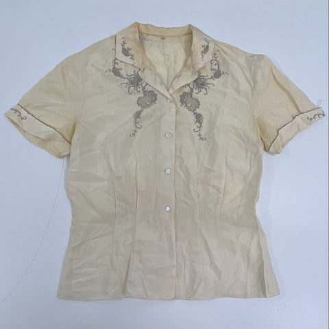 Vintage 50s Lot of 2 Embroidered Silk Button Up Blouse Shirts Sz 34