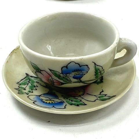 Vintage Miniature Child's Tea Set Lot 25pc Porcelain Plates Cups Teapot Metal