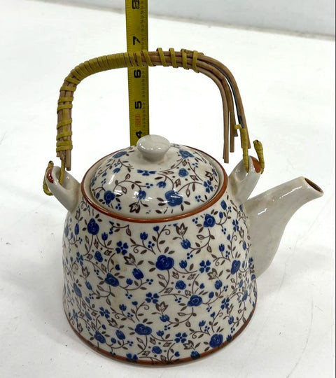 Ceramic Teapot Blue Floral Vine Pattern with Lid & Rattan Handle