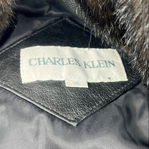 Vintage Charles Klein Black Leather Faux Fur Pleated Sleeve Jacket Coat Womens M