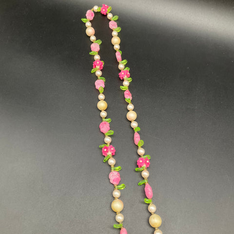 Vintage 1960s Pink Molded Bead Floral Faux Pearl Necklace Jewelry Lot of 2