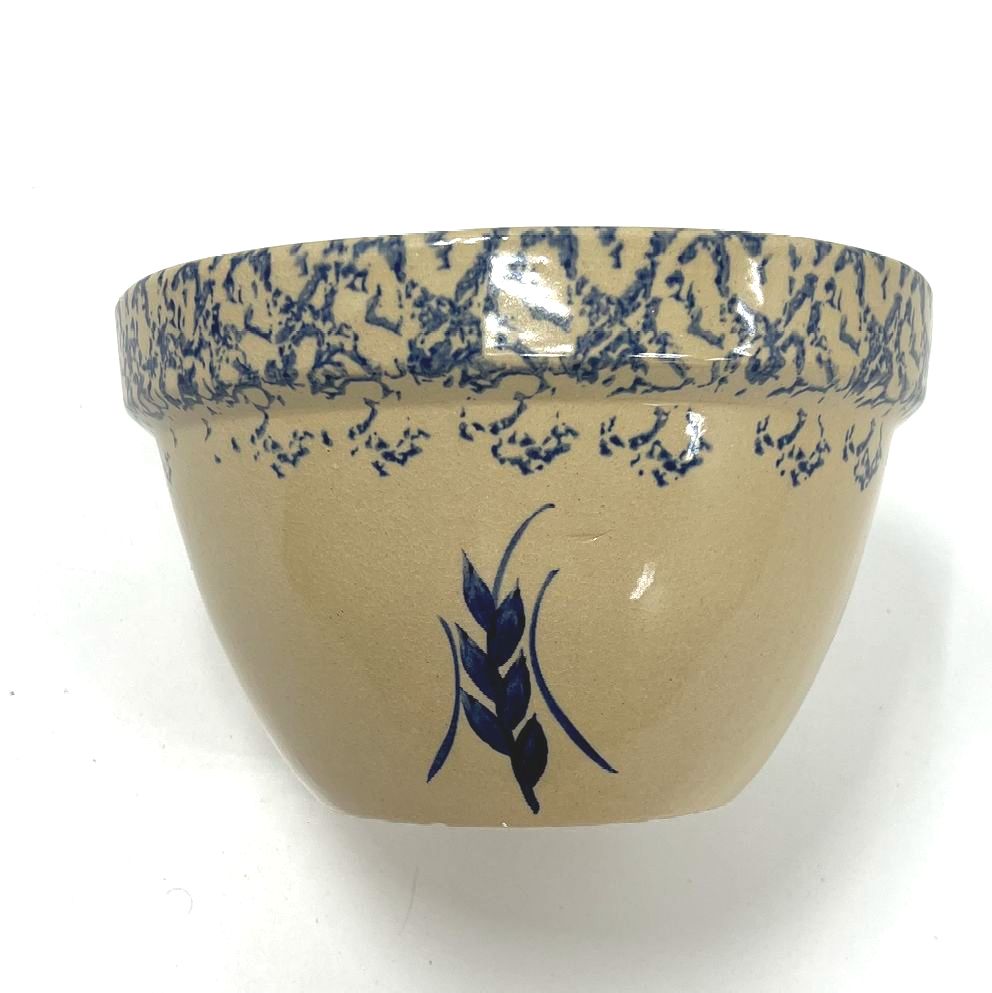 Roseville Pottery Bowl Blue Sponge Spatter Wheat Design 8 Inch Diameter USA