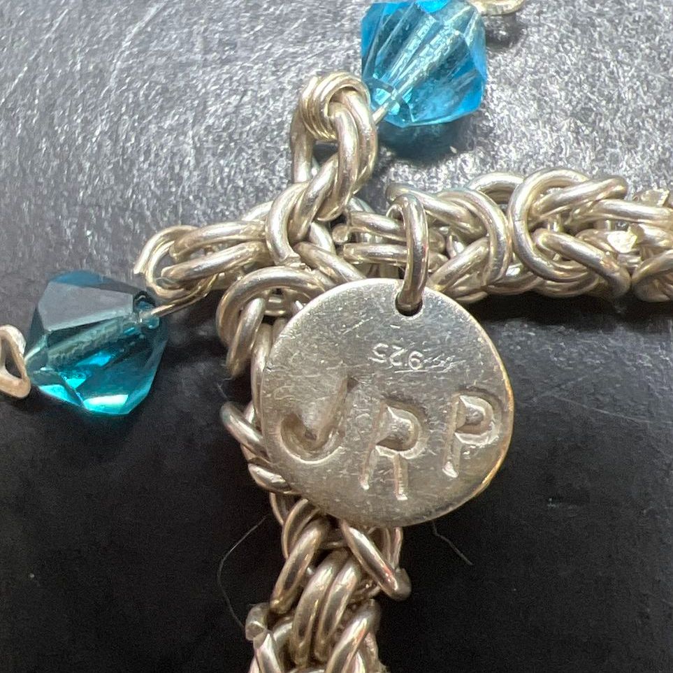 925 Sterling Silver Byzantine Chain Bracelet with Blue Rhinestone Beads